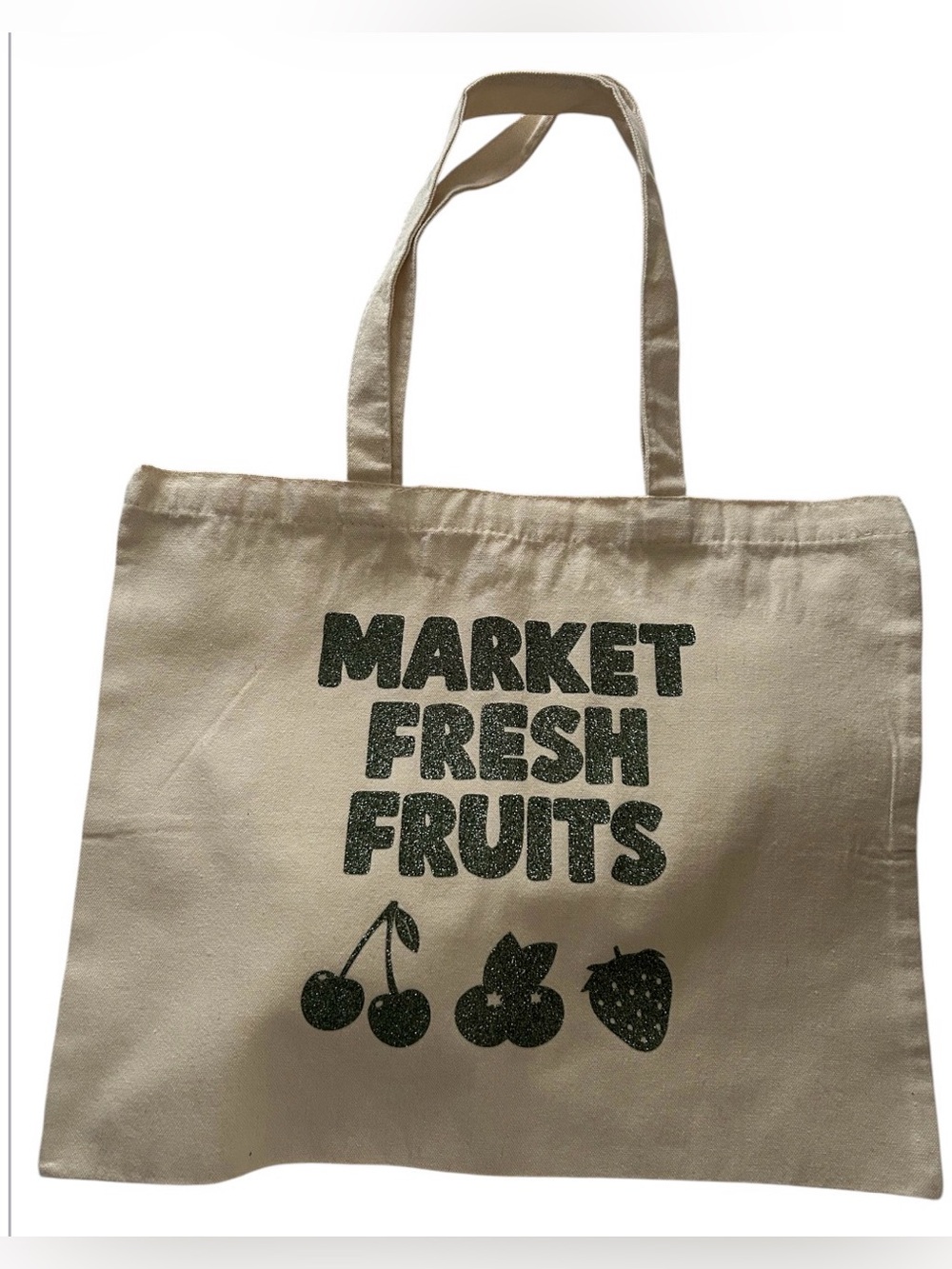 Market Fresh Fruits Canvas Shopping Tote Cream & Green Sparkles